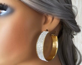 1 pair Gold or rose gold tone CLIP ON hoop earrings - 2" extra wide diamante, rhinestone flat tube hoop earrings - clip on or pierced option