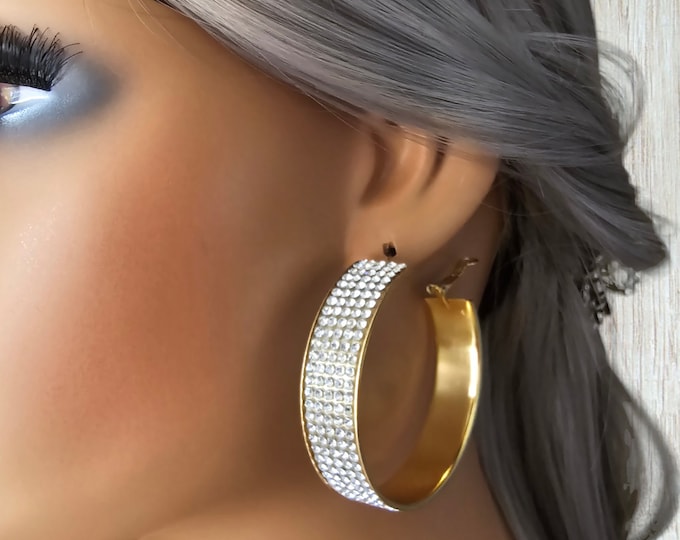 1 pair Gold or rose gold tone CLIP ON hoop earrings - 2" extra wide diamante, rhinestone flat tube hoop earrings - clip on or pierced option