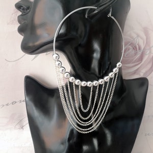 Big & fab silver tone chain and beaded extra long hoop earrings - Clip on or pierced options - Massive 6" long - 15cm - Can be customised