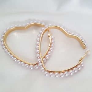 Clip on hoop earrings 3 gold tone & faux pearl bead HEART SHAPE clip on hoop earrings for non pierced ear's image 6