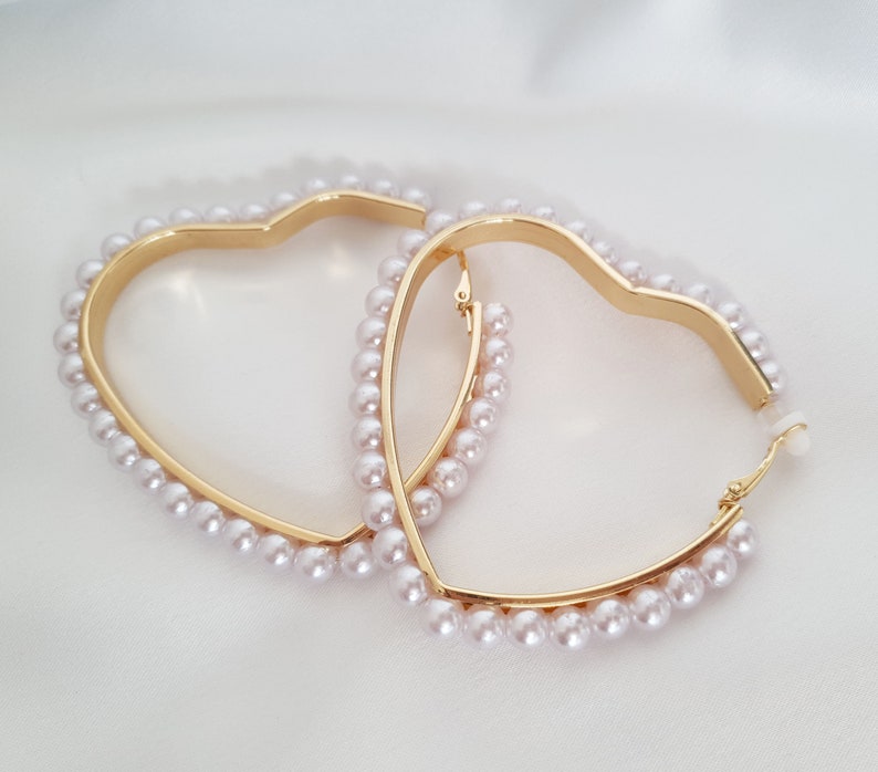 Clip on hoop earrings 3 gold tone & faux pearl bead HEART SHAPE clip on hoop earrings for non pierced ear's image 6