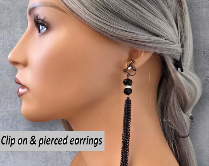 Black Clip On Drop Earrings - 6" Long Black Bead & Diamante - Chain Tassel Earrings – Clip-On or Pierced Options – Statement Dangle Earrings
