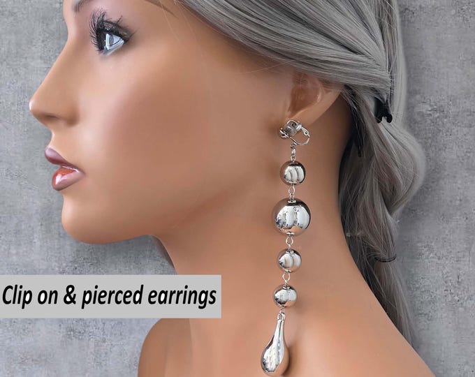 Clip-On Silver Drop Earrings – Chunky Silver CCB Beads, Long Dangle Design for Non-Pierced Ears, Shiny Metallic Statement Earrings for Women