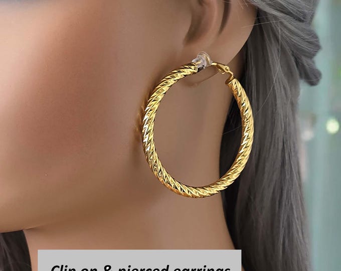 CLIP ON hoop earrings, 2" Gold stainless steel clip on hoops, chunky twisted hoops pierced - non pierced ears, ear clips, Gold hoop earrings