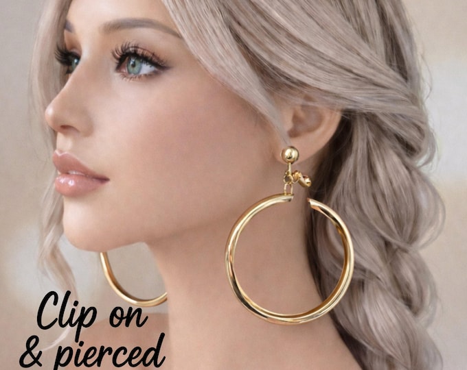 Gold Tone Chunky Hoop Earrings – Clip On or Pierced – Large Polished Statement Hoops