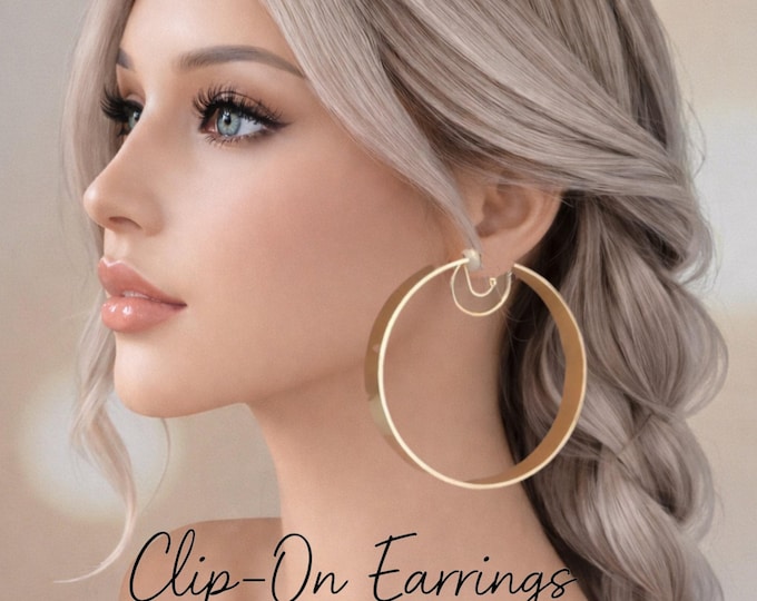 Clip On Hoop Earrings - 18K Gold Plated Wide Stainless Steel - Statement Non Pierced Earrings - 2.75" - 7cm