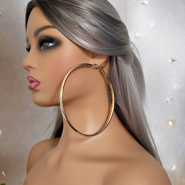 1 pair of XXL CLIP ON chunky hollow tube earrings - 4.5" - 12cm - Huge - massive oversized hoops - Gold tor silver , Please read description