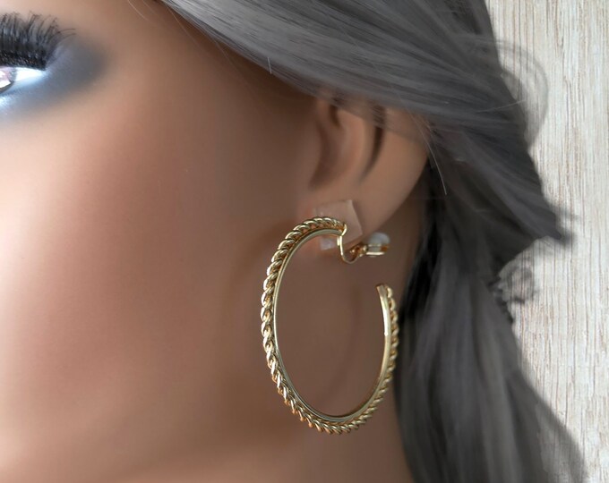 1 pair of 2" gold tone CLIP-ON C shape hoop earrings - twisted design edge - Clip on for non pierced ears - Big fab hoops