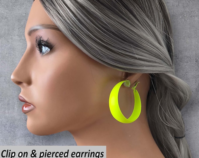 Neon yellow  CLIP ON hoop earrings - 2" diameter  wide flat tube hoops fluorescent / neon hoops, Retro - 80's hoops Pierced & non pierced