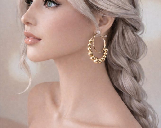 Gold Beaded Hoop Earrings, Clip On Hoops, Chunky Statement Earrings - 2" - 5cm