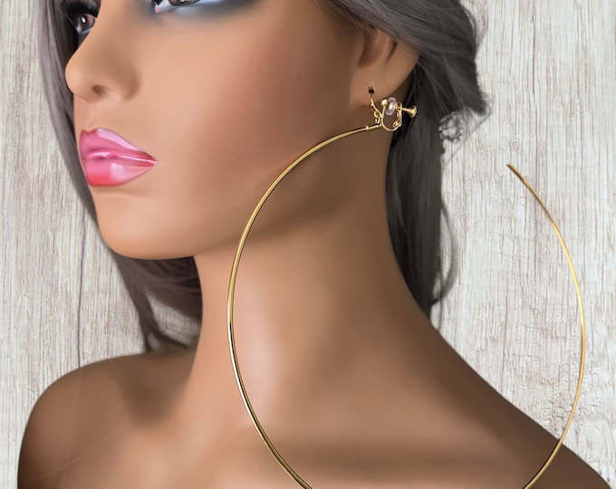 Huge! CLIP ON hoop earrings - 6.5" long gold stainless steel C shape hoop earrings for pierced or non pierced ears, Massive statement hoops.