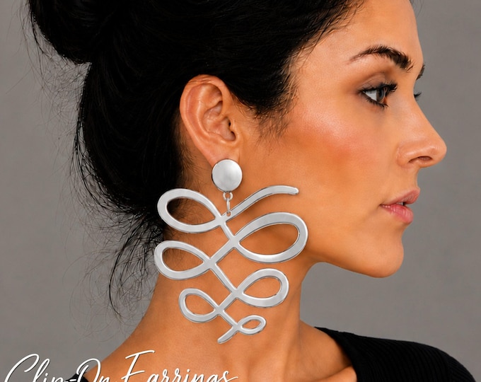 Oversized Silver Tone Statement Clip-On Earrings – Extra Large Swirl Dangle Earring - 3.75" – 9.5cm