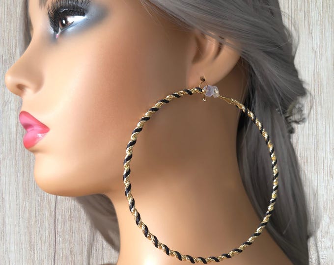 1 pair black & gold tone CLIP ON hoop earrings - 4" big twisted gold tone hoop earrings with thin black ribbon detail  Clip on or pierced