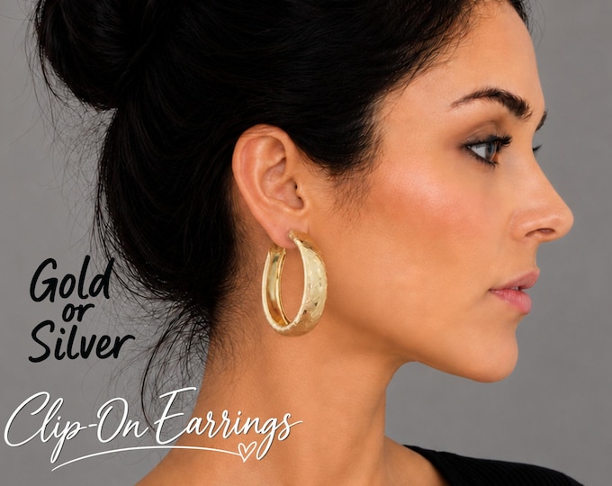 Chunky Hoop Clip On Earrings – Textured Diamond Cut Statement Hoops – Non Pierced Earrings - 1.5" - 4cm
