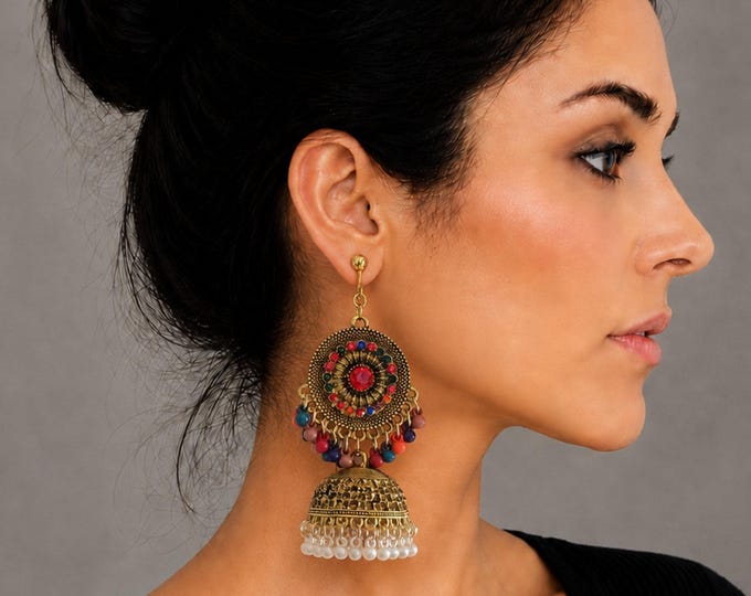 Indian Jhumka Clip On Earrings – Ornate Crystal Boho Statement Drop – Non Pierced Chandbali Dangle Earrings – 3.5" - 9cm