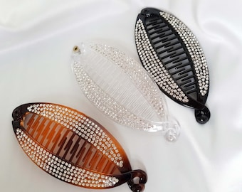 4.5" long diamante flat banana clip - fish clip - ponytail holder clip - Black, tort or clear plastic - Sparkly clear diamante, Smaller size