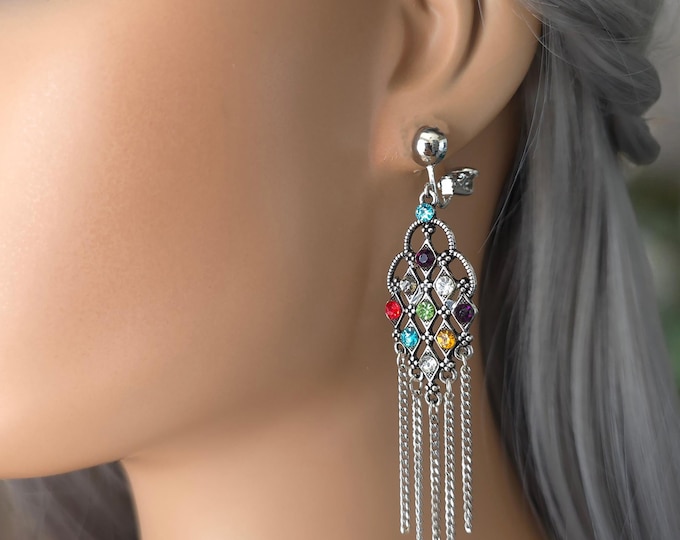 1 pair tibetan silver & diamante CLIP ON drop earrings - 4" long - multi colored diamante chandelier earrings with waterfall chain drops