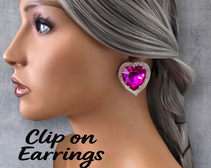 Big Chunky Pink Heart Clip-On Earrings | Diamante Statement Stud Earrings | Non Pierced Sparkly Heart Earrings | Retro Y2K Glam Jewelry