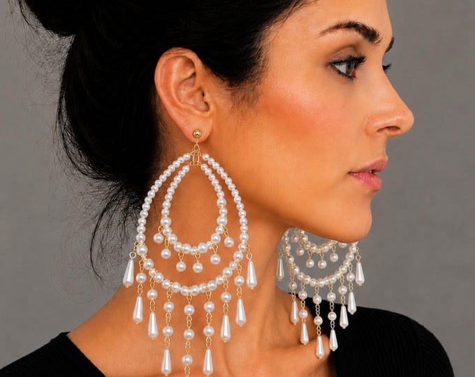 Faux Pearl Chandelier Earrings – White or Ivory Beads – Large Statement Bridal Earrings – Clip On – Pierced - 5.5" - 14cm