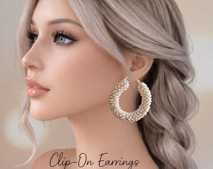Faux Pearl Crystal Clip On Hoop Earrings - Sparkly Glam Earrings, 2" - 5cm