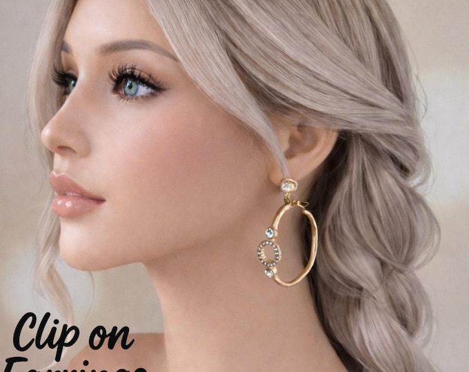 Matte Gold Tone Clip On Hoop Earrings – Crystal Circle Drop Statement Hoops - 2" - 5cm