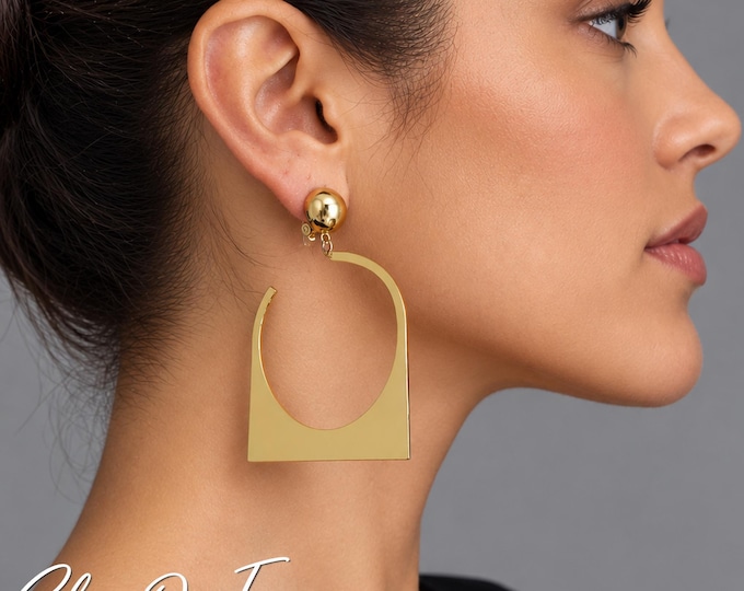 Clip On Earrings – Gold Tone Geometric Large Statement Earrings –  Modern Square Hoops – 3" – 7.5cm