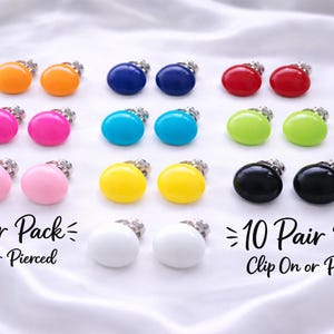 May include: A selection of clip-on or pierced earrings in a range of colours: orange, blue, red, pink, turquoise, green, light pink, yellow, black, and white. The text "10 Pair Pack" is displayed.