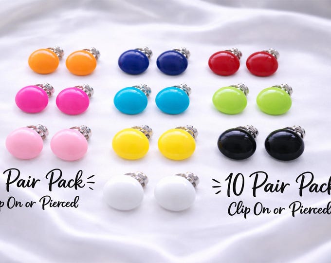 10 Pair Pack Dome Stud Earrings – Multi Colour Set, Clip On or Pierced (1.8cm)