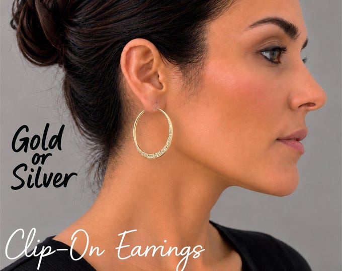 Clip On Hoop Earrings –  Textured Hoops for Non Pierced Ears – Gold or Silver Tone - 1.6" - 4cm