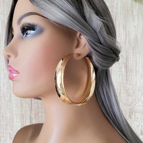 1 pair 3" extra wide gold or silver tone CLIP ON wide concave tube hoop earrings, big statement earrings, pierced, non pierced options **