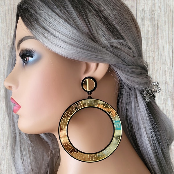 Big CLIP ON drop earrings 4" long gold or silver & black double layered acrylic mirror finished patterned hoop drop earrings, pierced option