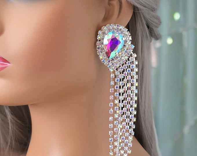1 pair of 6" long silver tone CLIP ON drop earrings - AB diamante, rhinestone, waterfall side-draped fringed earrings for non pierced ears