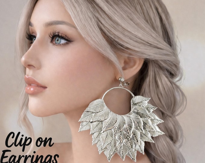 Oversized Silver Tone Leaf Clip On Earrings – Bold Statement Hoop Drop Earrings - 5.1" / 13cm