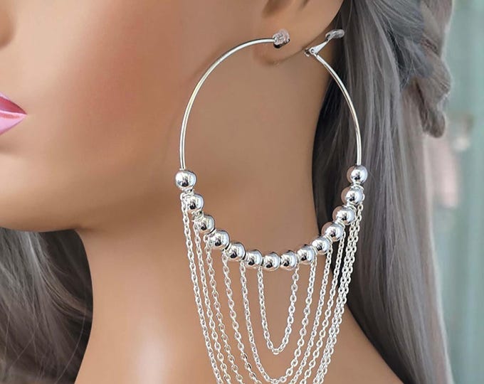 Clip on hoop earrings, 6" long Silver tone draping chain & bead big statement hoop earrings, non pierced earrings with  Pierced option