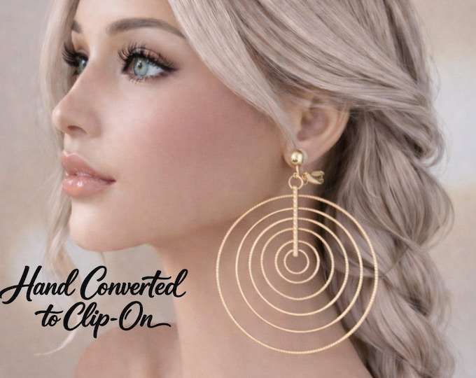 Gold Tone Clip On Earrings – Large Statement Lightweight Geometric Dangle Hoops Non Pierced Ears