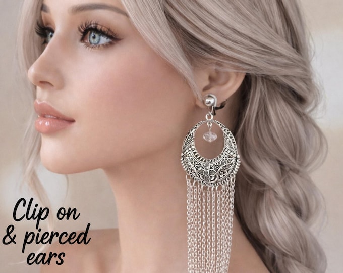 Clip On Vintage Style Silver Tone Waterfall Chain Earrings, Long Drop Earrings