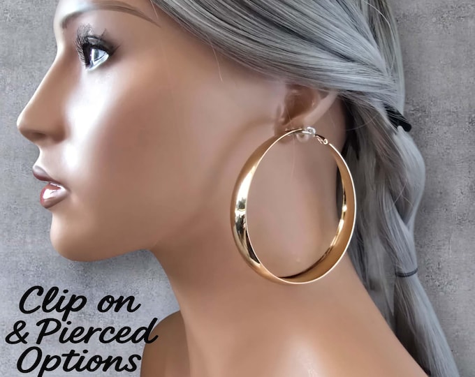 Big Gold Tone Clip On Hoop Earrings 3" – Wide Convex Flat Tube Hoops – Clip On or Pierced Option – Large Statement Gold Hoops