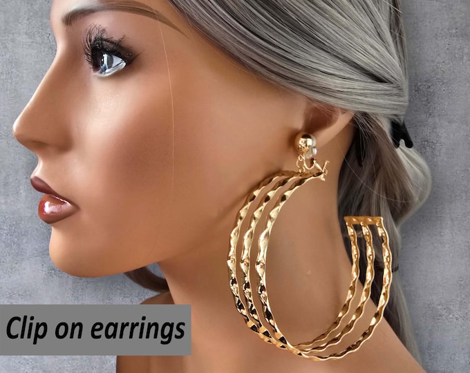 CLIP ON Hoop Earrings, Huge Gold Tone Clip-On C Design Hoop Earrings – Bold Statement Jewelry - Big Wide Chunky Earrings - Non Pierced