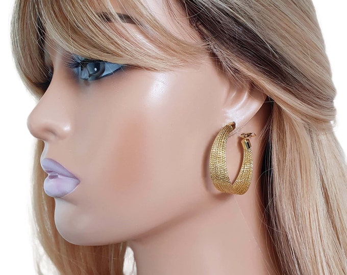 1 pair of 18k gold plated multi layered wide CLIP ON hoop earrings - 1.5" - Beautiful big statement hoop earrings for non pierced ears