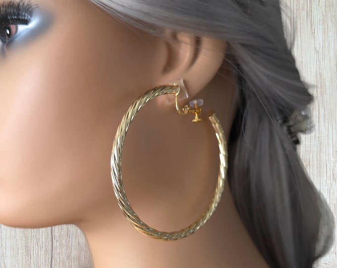 1 pair 18K gold plated CLIP ON hoop earrings - 3" diameter - plain chunky twisted design hoop earrings - clip on for non pierced ears