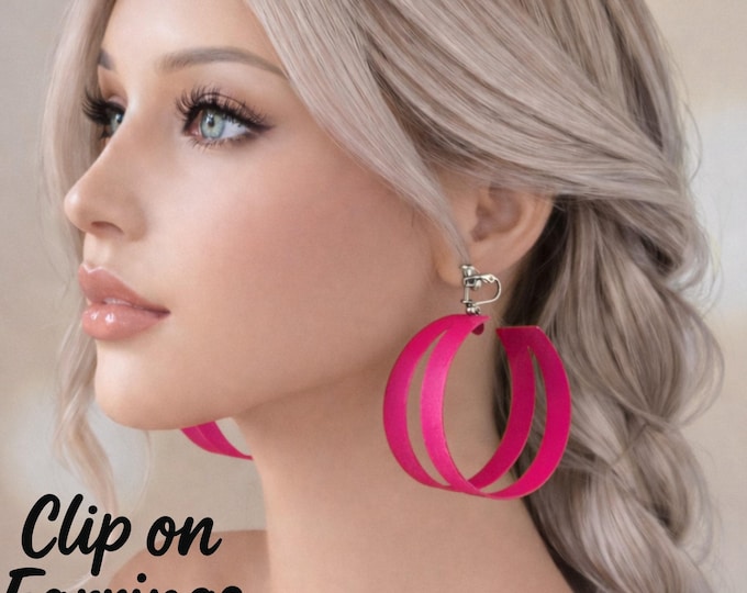 Hot Pink Statement Hoop Clip On Earrings – Large Oversized Bold Fuchsia Double Hoop Earrings – 2.25" - 6cm