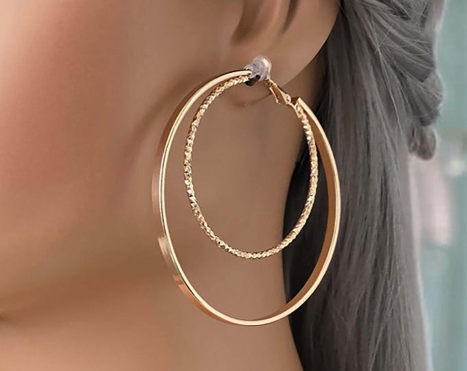 CLIP ON hoop earrings - 2.75" gold tone double hoop earrings, clip on hoop earrings, big oversized fashion hoops non pierced ears, ear clips