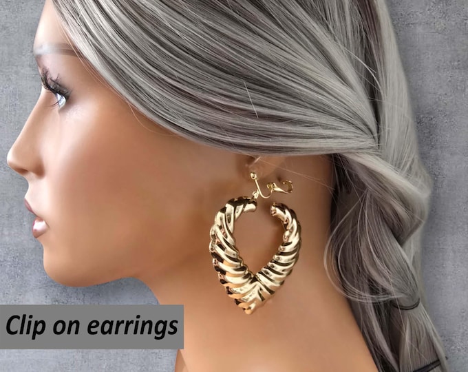 CLIP ON hoop earrings, Bold Gold Heart Clip-On Earrings | Large Chunky Hoop Earrings, Non-Pierced, 2.75" stylish fashion earrings, ear clips