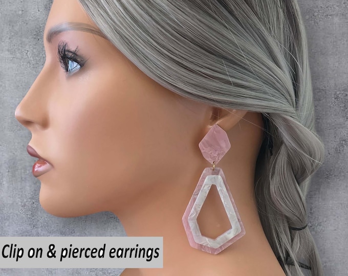 BIG Clip on earrings - Retro pink & white 2 tone acrylic clip on  drop earrings - 3.5"  60's inspired - vintage style -pierced option