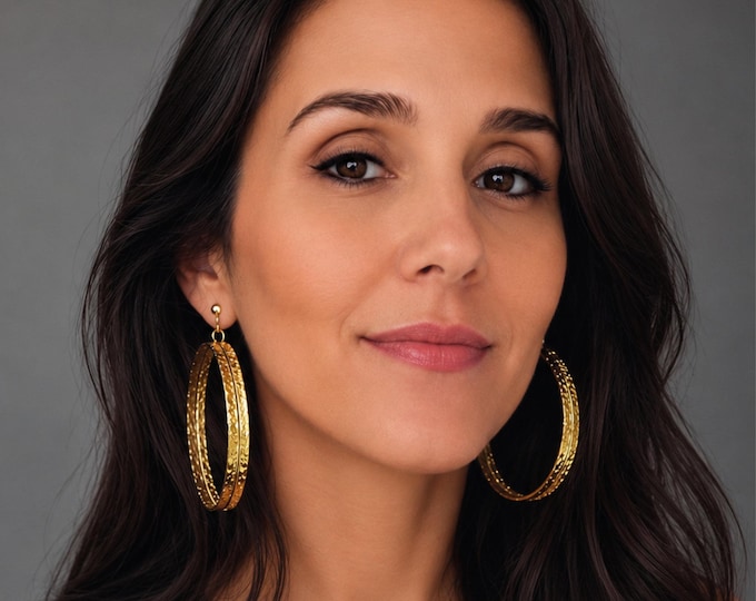 Gold Tone Textured Clip On Statement Hoop Drop Dangle Earrings - 3.5" - 9cm