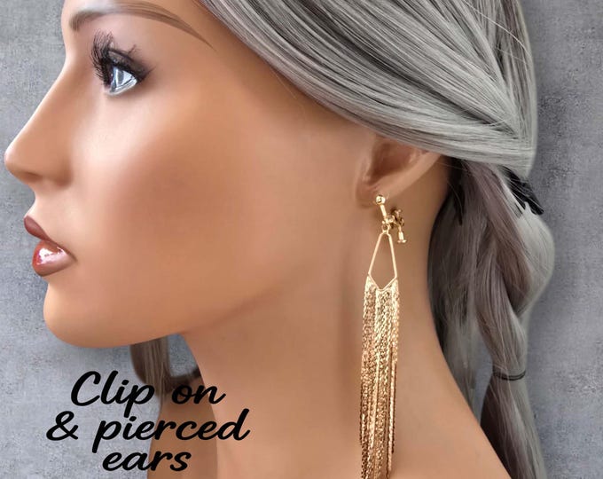 Clip on Earrings - Elegant 5" Long Waterfall Chain Tassel Drop Earrings – 18K Gold Plated, Clip-On or Pierced Options - Perfect Gift for Her