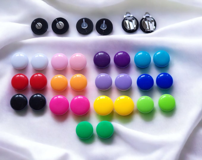 Pack of 12 pairs of small 14 - 16mm** bright coloured RETRO plastic button style stud earrings CLIP ON or pierced ears **Please read listing