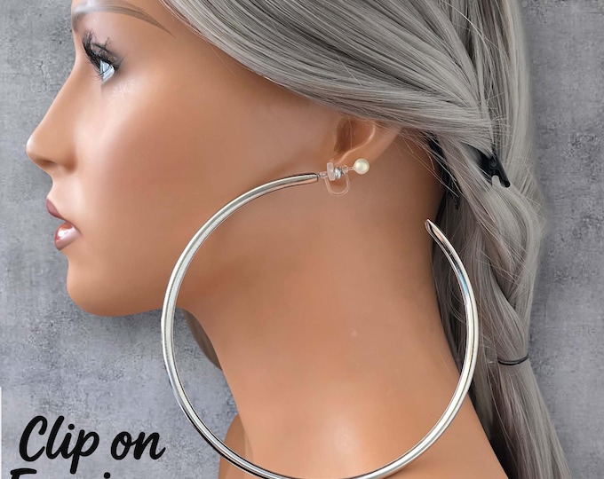 Silver Tone Clip On Giant Hoop Earrings | 4.75" Large Statement Hoops for Non Pierced Ears | Chunky Open Tube Big Hoop Earrings | Bold Retro