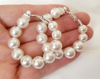 1 pair of 1.7" pearl bead CLIP ON chunky hoop earrings for non pierced ears - Clip on pearl hoop earrings - Prom, Bridal statement earrings
