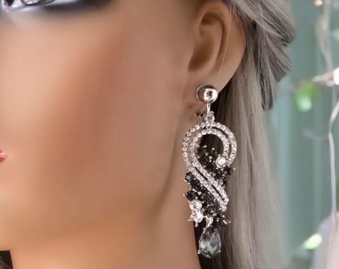 1 pair of CLIP ON drop earrings - 2.75" long  silver tone, Black & clear crystal - diamante  long drop bridal earrings - non pierced